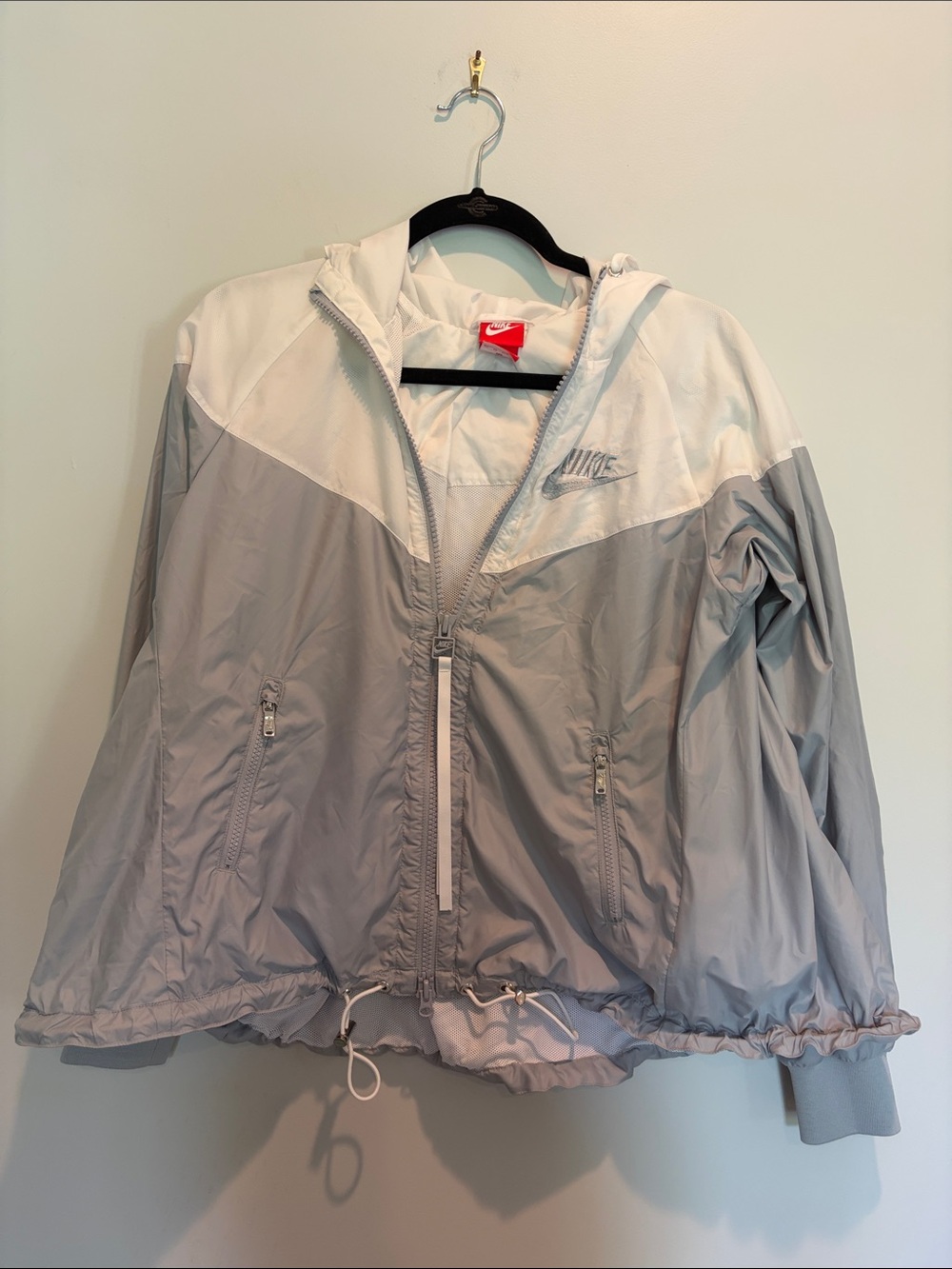 Nike Two-Tone Hooded Bomber Jacket in White and Light Gray